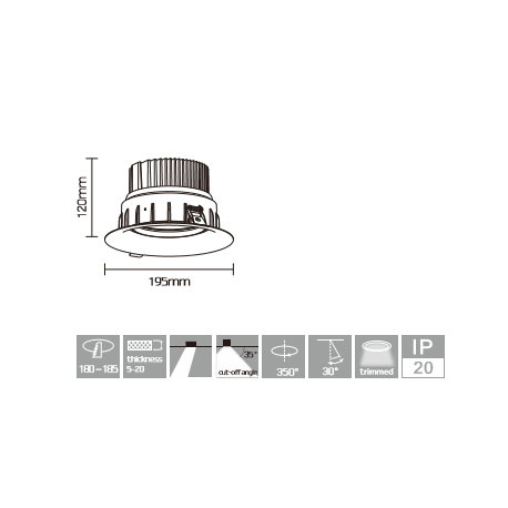 Downlight de précision 42W 4K IRC 95 Moonshadow ø 195 mm / enc 180mm